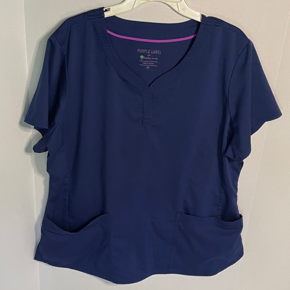 Purple Label by Healing Hands Women's Size 2X Scrub Top Fitted Blue 2 pocket